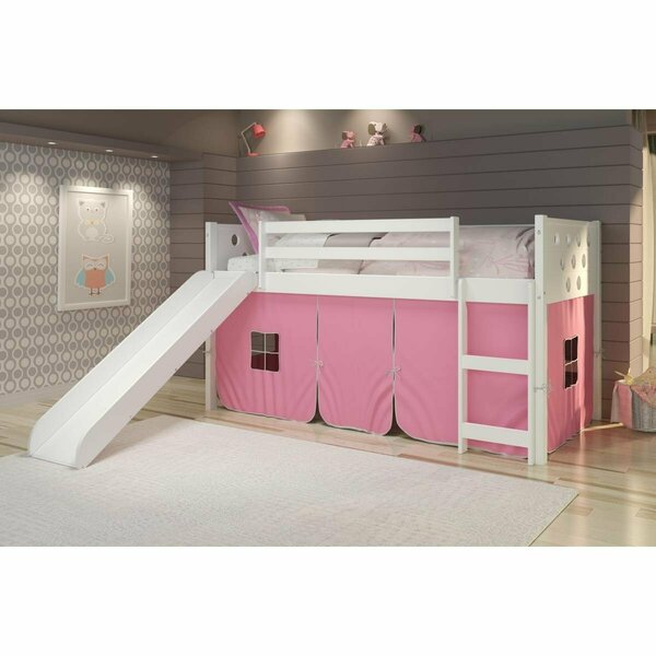 Kd Gabinetes PD-780ATW-P-785W Twin Size Circles Low Loft with Slide & Pink Tent in White KD3176316